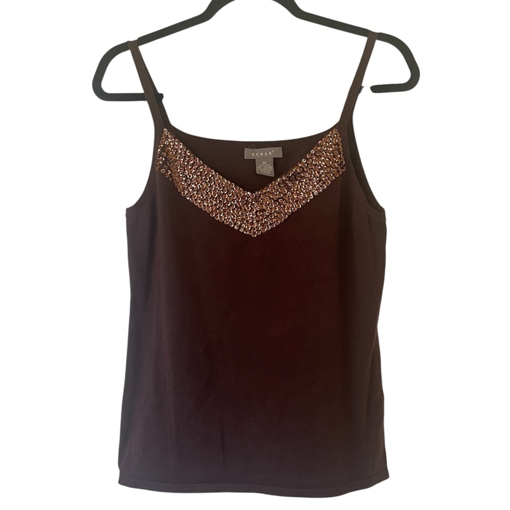 Y2k Kenar silk blend sequin embellished brown tank top size medium